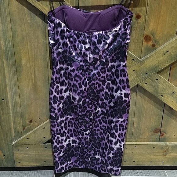 PURPLE BLACK LEOPARD ANIMAL  PRINT STRAPLESS DRESS STRETCH SEXY MOBWIFE CLUBWEAR - Picture 8 of 11